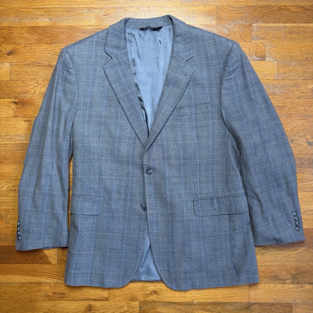 Jos A Bank Blazer Mens 43R Tan Silk Wool Summer Windowpane Plaid Two Button